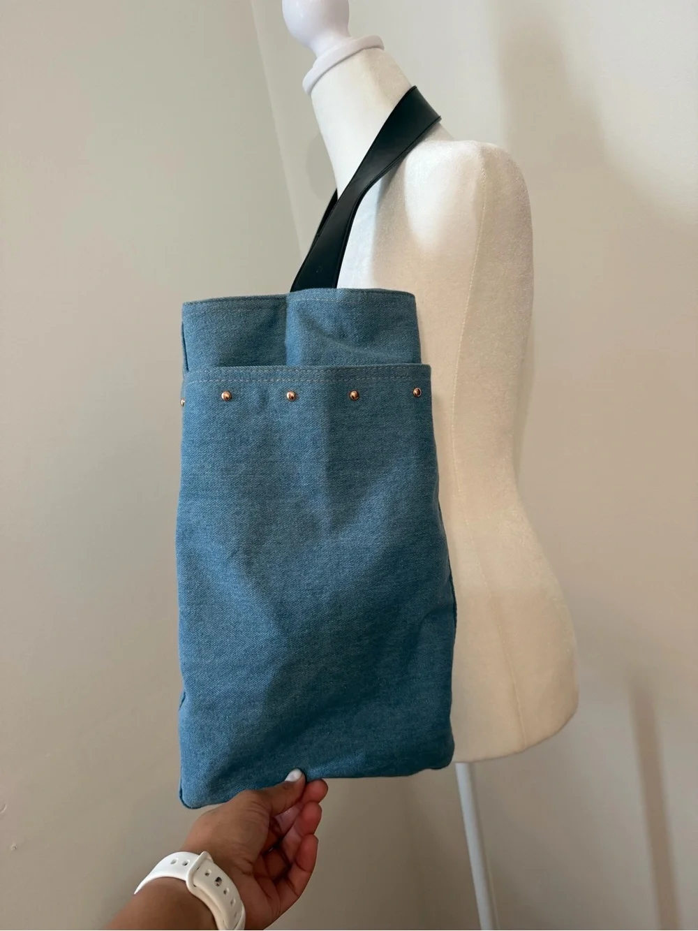 Victoria's Secret Denim Blue Canvas Tote with Black Straps
